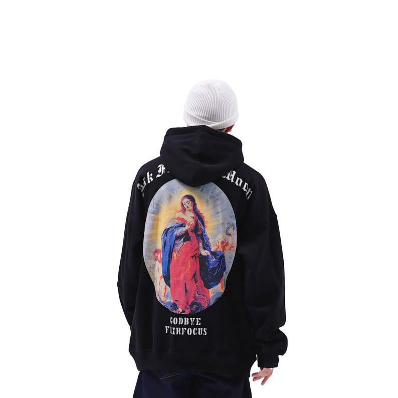 Streetwear Fashion Virgin Mary Graphic Hoodie For Men Casual Black Cotton Pullover Sweatshirt 