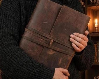 Handmade Extra Large Brown Leather Bound Grimoire Journal , Deckle Edge Paper Travel Writing Recipie Notebook