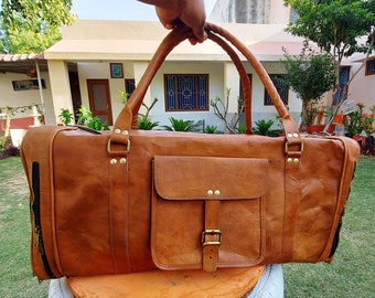 Handmade 24" Three Pocket Brown Leather Square Weekender Duffel Bag, Large Travel Bag, Father's Day Gift , Large Leather Gym Hiking Camp Bag