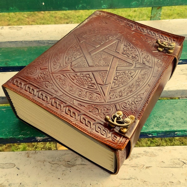 Fatbook Large Brown Pentacle Embossed Leather Journal, 600 Writing Pages Leather notebook, leather grimoire book, Handmade Leather Journal