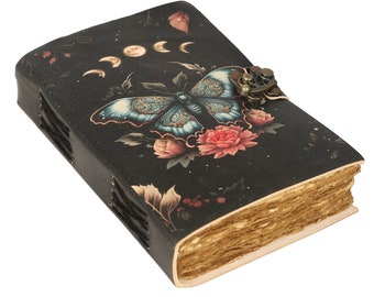 Handmade Luna Moth Butterly Vintage Deckle Edge Paper Leather Journal Blank Spell Book of Shadows