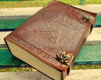 Fatbook Large Brown Pentacle Embossed Leather Journal, 600 Writing Pages Leather notebook, leather grimoire book, Handmade Leather Journal