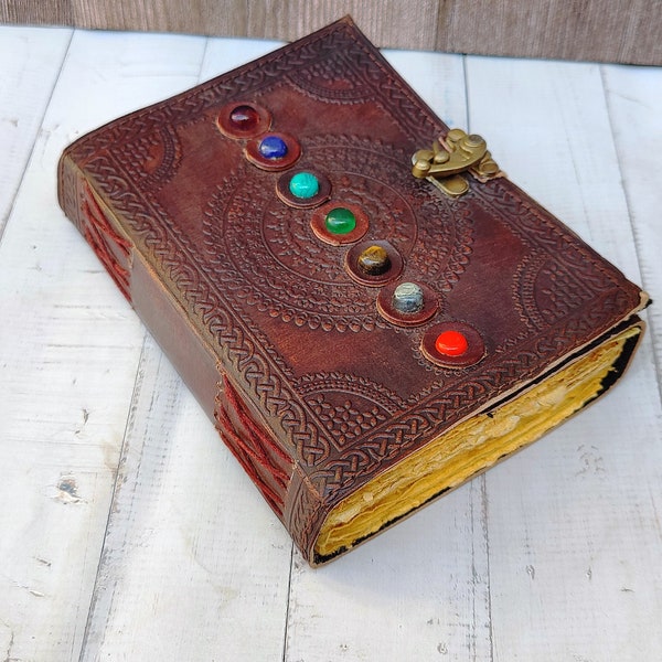 Seven stone leather journal with antique deckle edge paper chakra notebook writing notebook best birthday handmade gift