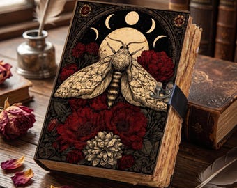 Luna Moth Moon Phase Leather Grimoire, Vintage Deckle Edge Spell Book  of Shadows Notebook