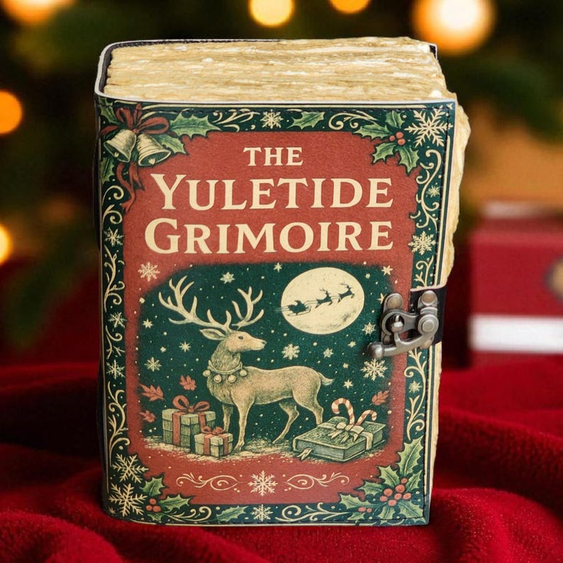 May include: A decorative book titled "The Yuletide Grimoire" with a festive design. The cover features a reindeer, presents, and Santa's sleigh against a red background. The book has a metal clasp and aged paper edges.