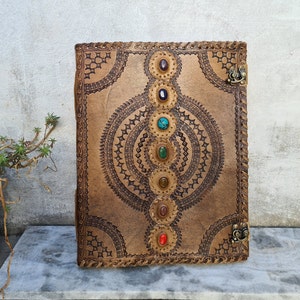 Large Sevan Stone Handmade Leather Journal Writing Spell Notebook, Book of Shadows, Leather Grimoire, Wedding Guest book, Christmas gift
