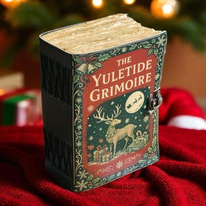 May include: A decorative book titled "The Yuletide Grimoire" with a Christmas theme. The cover features a reindeer, gifts, and Santa's sleigh under a full moon. The book has a metal clasp and is set against a red background.