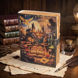May include: A hardcover journal titled The Wizarding World of Harry Potter featuring a colorful illustration of a castle, an owl, and magical items. The book has a dark metal latch closure and thick, textured, deckled-edge pages that appear aged.