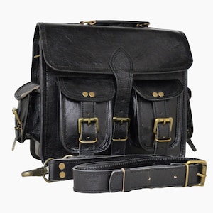 Grande sacoche messager pour ordinateur portable en cuir noir à quatre poches, 16 pouces, sac à bandoulière porte-documents en cuir, sac d'école en cuir, cadeau pour elle et lui