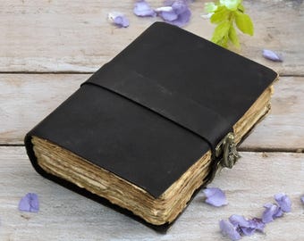 Handmade Black Leather Journal with Lock – Deckle Edge Paper