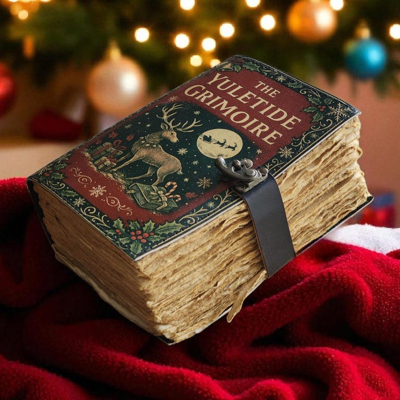 May include: A vintage-style book titled "The Yuletide Grimoire" with a festive cover featuring a reindeer, gifts, and Santa's sleigh. The book has aged, yellowed pages and a black leather strap closure. The background includes Christmas decorations.