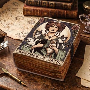 May include: A decorative book with the words "MOTHER OF CATS" on the cover. The cover art features a woman holding several cats, with a full moon in the background. The book is surrounded by other vintage items, including old books and a quill.