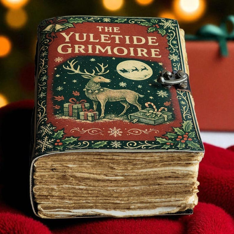 May include: A vintage-style book titled "The Yuletide Grimoire" with a festive design. The cover features a reindeer, gifts, and a full moon with Santa's sleigh. The book has a metal clasp and aged, yellowed pages, evoking a sense of history.