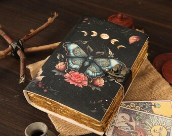 Luna Moth Leather Grimoire, Vintage Deckle Edge Spell Book