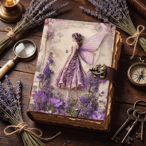May include: A hardcover journal featuring a fairy illustration on the front cover, surrounded by purple lavender flowers. The book has a brown leather strap closure with a metal latch and deckled, aged-looking paper edges on the side.
