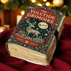 May include: A vintage-style book titled "The Yuletide Grimoire" with a festive cover design. The cover features a reindeer, gifts, snowflakes, and Santa's sleigh against a red and green background. The book is secured with a leather strap and metal clasp.
