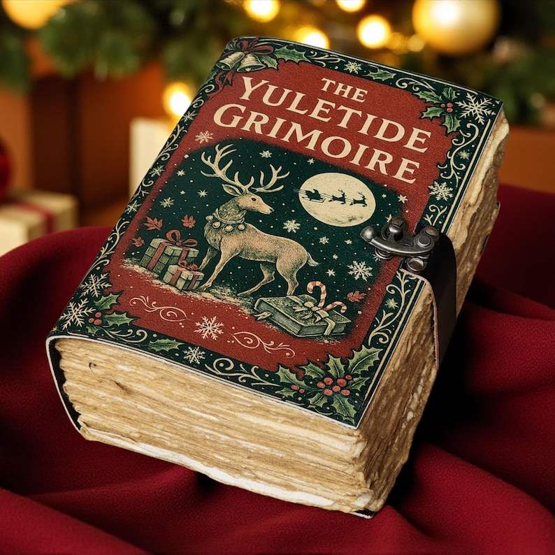 May include: A vintage-style book titled "The Yuletide Grimoire" with a festive cover design. The cover features a reindeer, gifts, snowflakes, and Santa's sleigh against a red and green background. The book is secured with a leather strap and metal clasp.