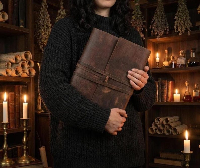 Handmade leatherbound journal with wrap strap, dark leather and deckle-edge pages; versatile grimoire for travel diary.
