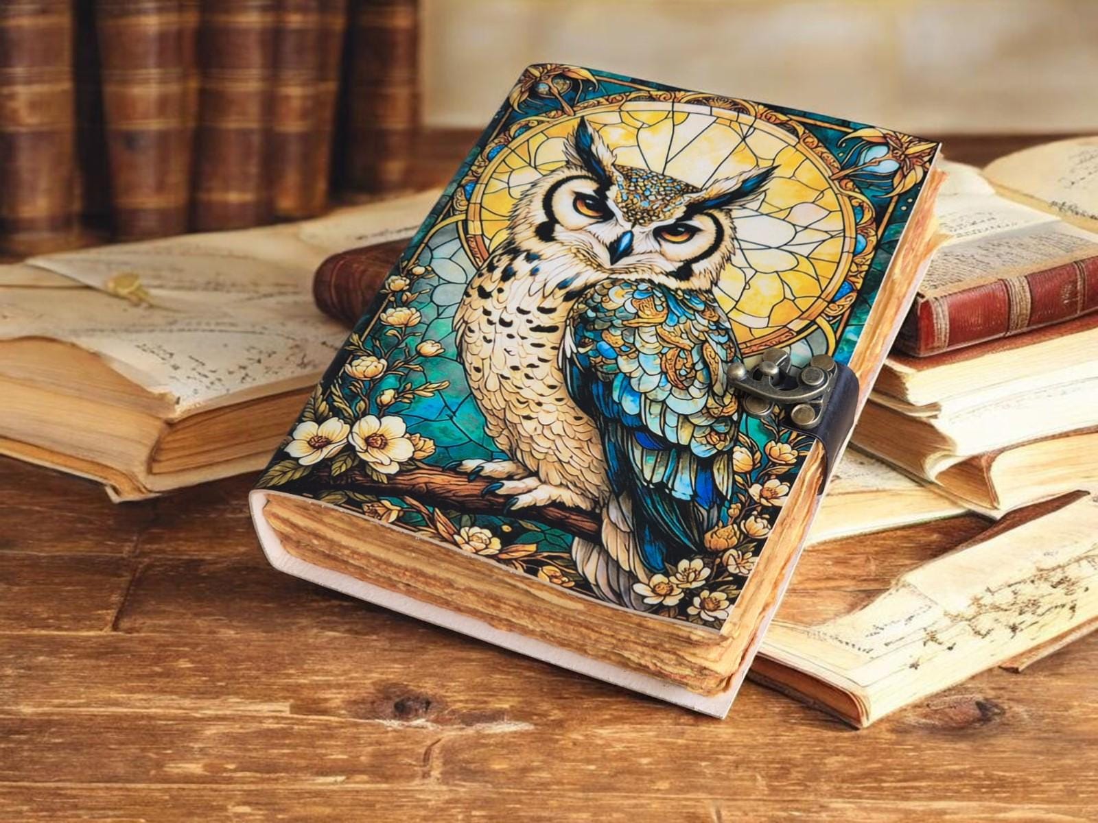 400 Pages Hedwig Owl Leather Grimoire: Handmade Book of Shadows, Deckle Edge Paper Sketchbook