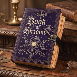 May include: A dark purple hardcover book titled Book of Shadow with gold foil filigree, moon phases, and a pentagram design. The book features a metal latch closure and thick, textured, aged-looking paper pages visible along the side edges.