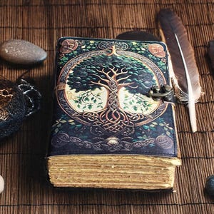 Op de afbeelding: Een donkerblauw leren notitieboek met een levensboomontwerp op de kaft. De kaft heeft een messing sluiting en Keltische knoopwerk. De pagina's hebben een vintage uitstraling en een veer ligt in de buurt.