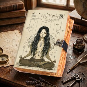 May include: A vintage-style journal with a detailed illustration of a meditating figure. The cover features a woman in a meditative pose, surrounded by celestial and geometric designs. The journal has a clasp closure and aged, textured pages, suggesting a mystical or spiritual theme.