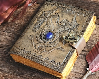 Mythological 2 Dragon A5 DND 200 Pages Thick Vintage Leather Notebook, Dragon Grimoire, Brass C Lock, Real Stone Personal Book of Shadow