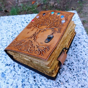 Handmade Tree of life Seven Stone Journal Deckle Edge paper Grimoire Gift for Him and Her