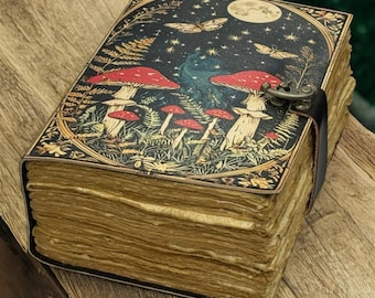 Vintage Mushroom Leather Journal, Antique Deckle Edge Paper, Gothic Grimoire, Personalized Handmade Diary