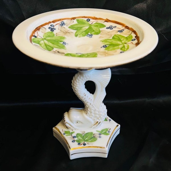 Vintage Dolphin Milkglass Pedestal Dish painted leaf