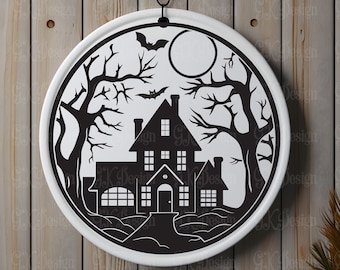 ハロウィンお化け屋敷のドアハンガー SVG: 不気味なウェルカムサイン (デジタルカットファイル)