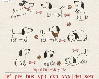 Dachshund Machine Embroidery Bundle | 9 Sausage Dog Line Art Designs Under 1000 Stitches | Pockets, Tea Towels & Baby Gifts | 4x4 Hoop