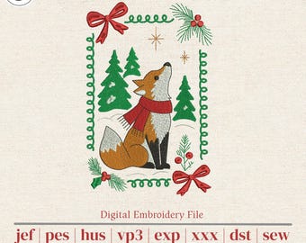 Christmas Fox Machine Embroidery Design | Woodland Fox in Red Scarf with Pine Trees | 5 Sizes for 4x4 5x7 6x10 Hoops
