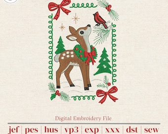 Christmas Deer Machine Embroidery Design | Woodland Fawn with Wreath and Cardinal | 5 Sizes for 4x4 5x7 6x10 Hoops