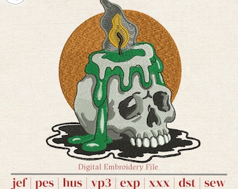 Skull Candle Machine Embroidery Design | Gothic Halloween Decor for Shirts, Hoodies & Tote Bags | 4 Sizes