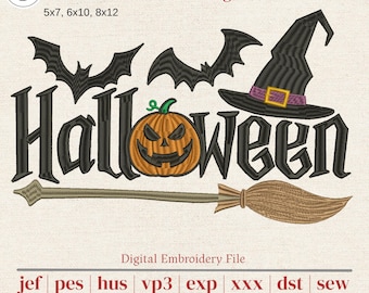 Halloween Word Art Machine Embroidery Design | Witch Hat, Bat, Broom | Large Size for Sweatshirts & Totes | 3 Sizes