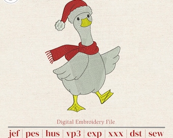 Christmas Goose Machine Embroidery Design | Farmhouse Holiday Duck in Santa Hat Scarf | Tea Towels, Totes & Pockets | 5 Sizes