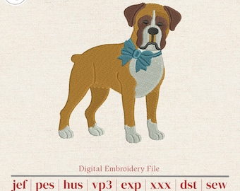 Boxer Dog Machine Embroidery Design | Realistic Pet Portrait with Bow for Dog Lovers | Shirts, Totes & Blankets | 4 Sizes