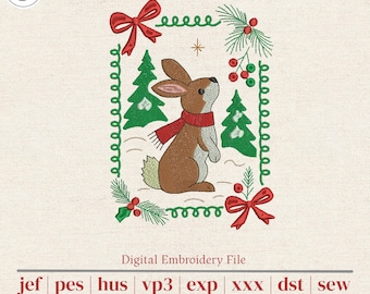 Christmas Bunny Machine Embroidery Design | Woodland Rabbit in Red Scarf with Pines | 5 Sizes for 4x4 5x7 6x10 Hoops