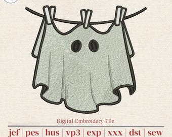 Ghost on a Clothesline Machine Embroidery Design | Funny Halloween Laundry Room Decor | Tea Towels, Totes & Pillows | 4 Sizes