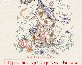 Haunted House Machine Embroidery Design | Vintage Halloween Redwork Line Art | Bat Moon Spiderweb Pumpkin | 3 Sizes