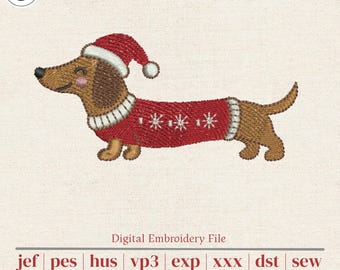 Mini Christmas Doxie in Santa Hat and Sweater Embroidery Design | Wiener Dog Bundle 3 Small Sizes for Pockets and Cuffs Dog Lover Gift