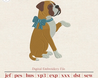 Sitting Boxer Dog Machine Embroidery Design | Realistic Pet Portrait with Bow for Dog Lovers | Shirts, Totes & Blankets | 5 Sizes