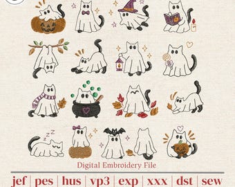 Halloween Ghost Cat Machine Embroidery Bundle | 17 Cute Spooky Cat Line Art Designs for Cat Lovers | Tea Towels & Totes | 3 Sizes