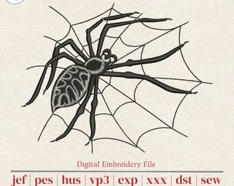 Spider on Web Machine Embroidery Design | Gothic Halloween Decor for Shirts, Tote Bags & Pillows | 4 Sizes