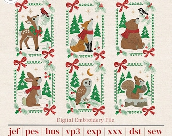 Woodland Christmas Machine Embroidery Design Bundle | 6 Forest Animal Winter Designs | 5 Sizes for 4x4 5x7 6x10 Hoops