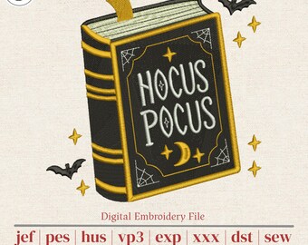 Hocus Pocus Spell Book Machine Embroidery Design | Witchy Halloween Decor with Bats Sparkles | Shirts, Totes & Pillows | 5 Sizes