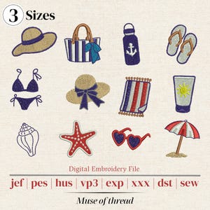 May include: A digital embroidery file featuring twelve summer-themed icons including a sun hat, striped tote bag, water bottle with anchor, flip-flops, bikini, straw hat with bow, striped towel, sunscreen, seashell, starfish, heart sunglasses, and beach umbrella.