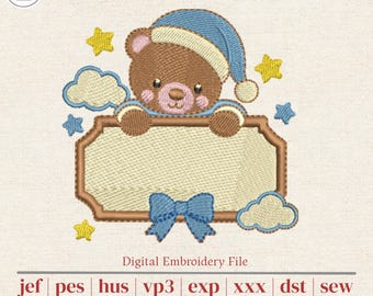 Sleepy Teddy Bear Machine Embroidery Design with Name Frame | Baby Nursery Monogram | Onesies, Bibs & Blankets