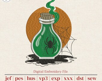 Potion Bottle Machine Embroidery Design | Witchy Halloween Decor with Spider Web | Shirts, Totes & Pillows | 5 Sizes